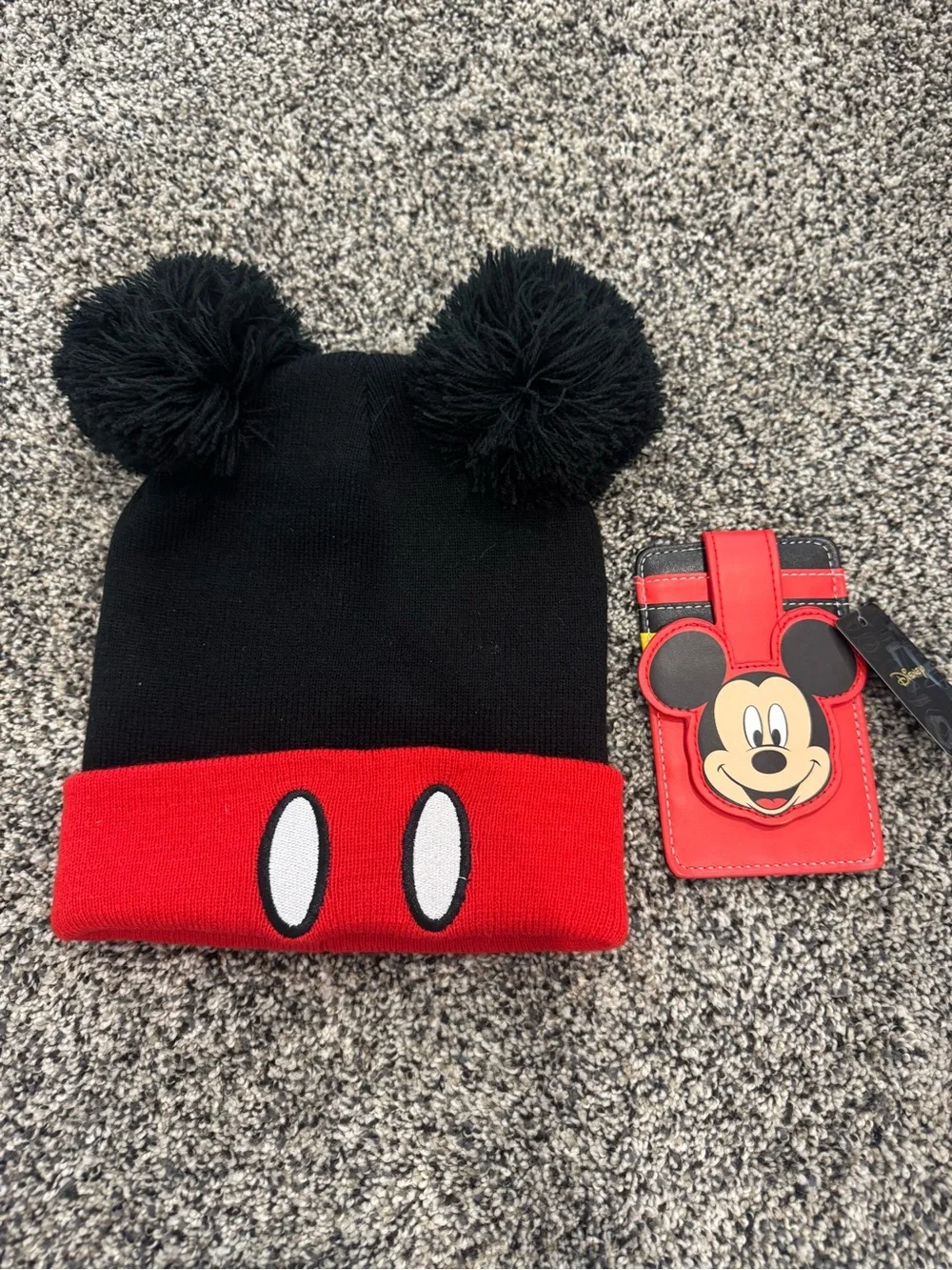 Disney Mickey Black & Red Pom Beanie for Kids and Wallet NWT